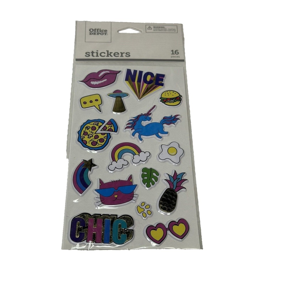 OFFICE DEPOT 16 stickers LIPS UNICORN RAINBOW‎ PIZZA BURGER CAT